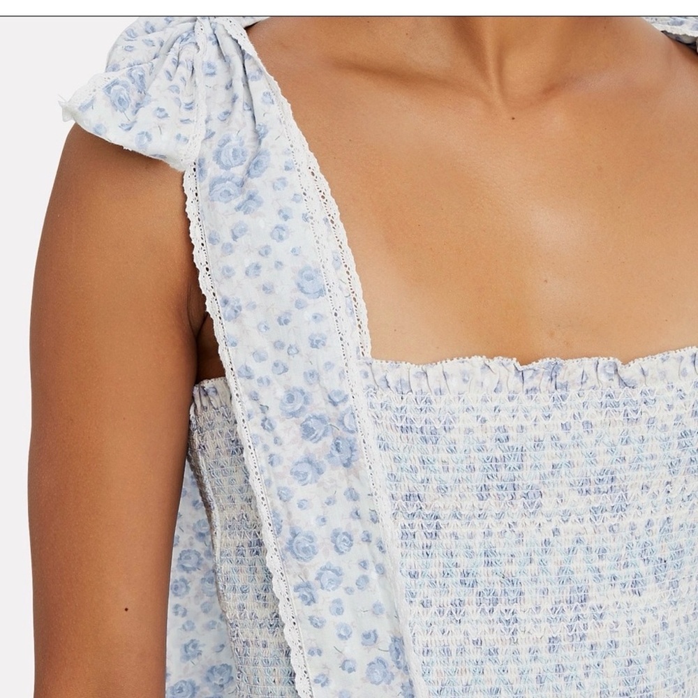 LoveShackFancy Belle Smocked Fitted Floral Mini Dress with Adjustable Straps Sm - Picture 10 of 11